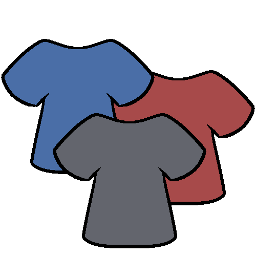 Three shirts, with a gray shirt in front and a blue and red shirt behind it. 